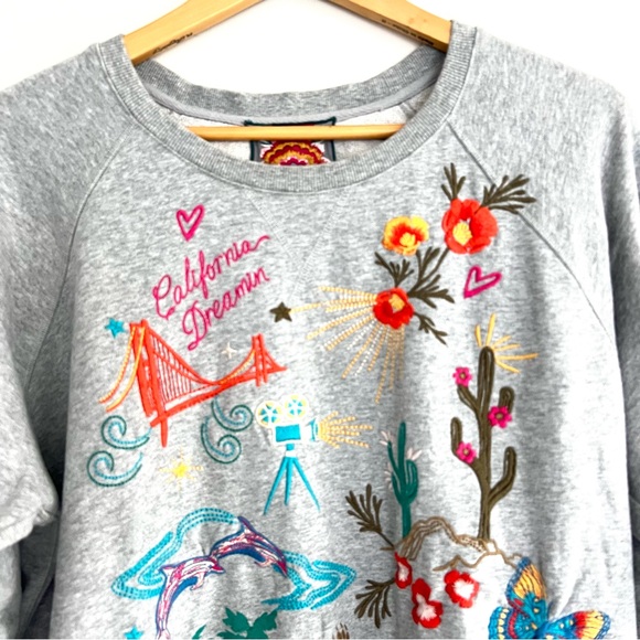 JOHNNY WAS California Raglan Gray Multicolor Embroidery Cotton Sweatshirt Sz XL - Picture 4 of 16